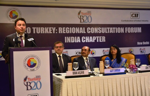 Mr Ali Babacan, Deputy Prime Minister, Turkey, Burak Akçapar, Ambassador of Turkey, Mr Ajay S Shriram, President CII at the B20 Turkey Regional Consultation Forum (New Delhi, 6th April, 2015)